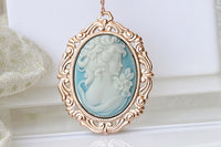 BLUE Cameo Necklace, Bridal Gift, Cameo Pendant, Light Blue Jewelry, Toggle Cameo Necklace, Victorian Style, Acrylic Cameo, Vintage Necklace