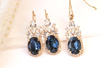 BLUE NAVY EARRINGS And Necklace Set,  Crystal Earrings, Bridal Navy Blue Jewelry Set, Montana Blue Topaz, Cocktail Earrings, Wedding Gift