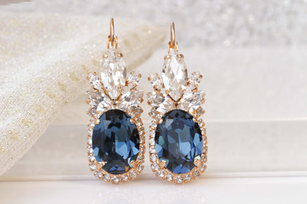 BLUE NAVY EARRINGS And Necklace Set,  Crystal Earrings, Bridal Navy Blue Jewelry Set, Montana Blue Topaz, Cocktail Earrings, Wedding Gift
