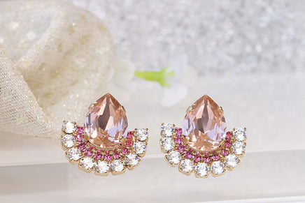 BLUSH EARRINGS, Morganite Bridal Earrings, Teardrop Unique Earrings, Rebeka Crystal Earrings, Woman Blush Pink Earrings, Statement Studs