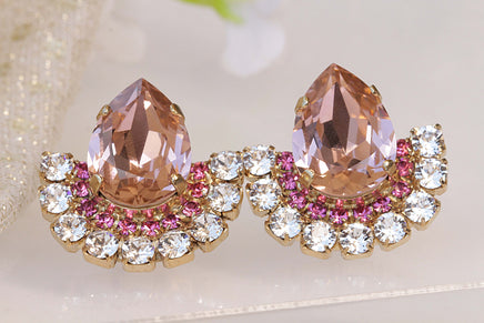 BLUSH EARRINGS, Morganite Bridal Earrings, Teardrop Unique Earrings, Rebeka Crystal Earrings, Woman Blush Pink Earrings, Statement Studs