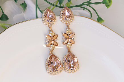 BLUSH PINK EARRINGS, Long Bridal Earrings, Wedding Rose Gold Women Jewelry, Bridal Chandeliers, Rebeka Oscar earrings, Light Pink Earring