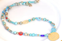 TURQUOISE NECKLACE, Evil Eye Necklace, Turkish eye Necklace, Beaded Necklace, Protection jewelry,Best Friend Gift For Her, coin Necklace