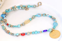 TURQUOISE NECKLACE, Evil Eye Necklace, Turkish eye Necklace, Beaded Necklace, Protection jewelry,Best Friend Gift For Her, coin Necklace