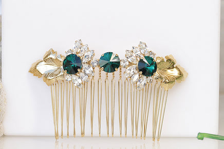 EMERALD HAIR Comb, Bridal Green Hair Comb, Rhinestone Hair Jewelry, Wedding Hair Comb, Leaf Hair Comb,Wedding Hair Accessories, Leaves Combs