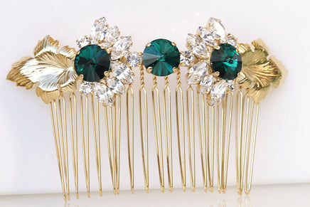 EMERALD HAIR Comb, Bridal Green Hair Comb, Rhinestone Hair Jewelry, Wedding Hair Comb, Leaf Hair Comb,Wedding Hair Accessories, Leaves Combs
