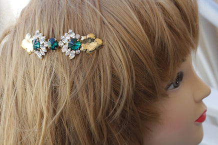 EMERALD HAIR Comb, Bridal Green Hair Comb, Rhinestone Hair Jewelry, Wedding Hair Comb, Leaf Hair Comb,Wedding Hair Accessories, Leaves Combs