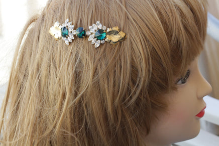 EMERALD HAIR Comb, Bridal Green Hair Comb, Rhinestone Hair Jewelry, Wedding Hair Comb, Leaf Hair Comb,Wedding Hair Accessories, Leaves Combs