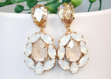 Bridal Champagne earrings, Gift For Her, White Opal Earrings, Nude Ivory Cream Long Rebeka Earring, Wedding Jewelry For Bride Chandeliers