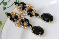 BLACK GOLD EARRINGS, Bridal Gold Black Evening Earrings, Long Drop Chandelier Earrings, Rebeka Jet Earrings, Woman Black Elegant Earrings