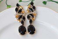 BLACK GOLD EARRINGS, Bridal Gold Black Evening Earrings, Long Drop Chandelier Earrings, Rebeka Jet Earrings, Woman Black Elegant Earrings