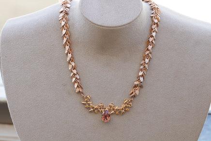 Rose GOLD BLUSH NECKLACE, Rebeka Bridal Necklace, Wedding Jewelry, Bridal Leaves Necklace, Bride Rose Necklace,Morganite Fringes Necklace