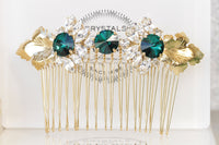 EMERALD HAIR Comb, Bridal Green Hair Comb, Rhinestone Hair Jewelry, Wedding Hair Comb, Leaf Hair Comb,Wedding Hair Accessories, Leaves Combs