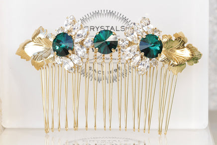 EMERALD HAIR Comb, Bridal Green Hair Comb, Rhinestone Hair Jewelry, Wedding Hair Comb, Leaf Hair Comb,Wedding Hair Accessories, Leaves Combs