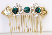 EMERALD HAIR Comb, Bridal Green Hair Comb, Rhinestone Hair Jewelry, Wedding Hair Comb, Leaf Hair Comb,Wedding Hair Accessories, Leaves Combs