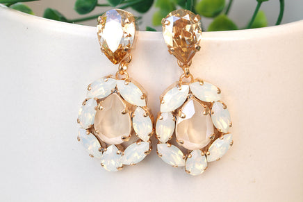 Bridal Champagne earrings, Gift For Her, White Opal Earrings, Nude Ivory Cream Long Rebeka Earring, Wedding Jewelry For Bride Chandeliers