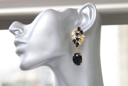 BLACK GOLD EARRINGS, Bridal Gold Black Evening Earrings, Long Drop Chandelier Earrings, Rebeka Jet Earrings, Woman Black Elegant Earrings