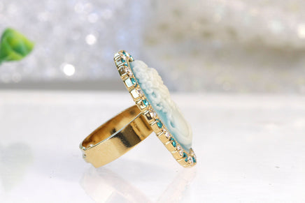 WOMEN CAMEO RING, Vintage Flower Cameo Wedding Ring, Antique Jewelry Inspired,Reenactment Style Jewelry, Rebeka Ring,Wide band adjustable