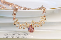 Rose GOLD BLUSH NECKLACE, Rebeka Bridal Necklace, Wedding Jewelry, Bridal Leaves Necklace, Bride Rose Necklace,Morganite Fringes Necklace