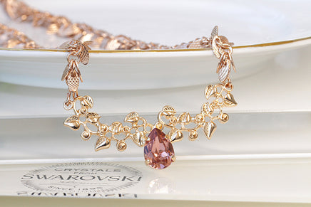 Rose GOLD BLUSH NECKLACE, Rebeka Bridal Necklace, Wedding Jewelry, Bridal Leaves Necklace, Bride Rose Necklace,Morganite Fringes Necklace