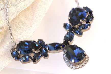 NAVY BLUE NECKLACE, Dark Blue Bridal Necklace,Rebeka Necklace, Statement Blue Necklace,Blue Navy Cluster Necklace, Formal Women's Jewelry