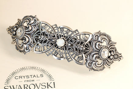 French Barrette, Antique SILVER HAIR BARRETTE, Bridal Clip,Filigree Hair Barrette, Rebeka Opal Hair Clip, Hair Ornament Wedding Hair Clip
