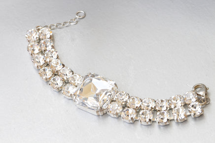 CRYSTAL BRIDAL BRACELET, Women's Rebeka Bracelet, Silver Clear Rhinestone Bangle, Wedding Cocktail Bride Jewelry, Bling Tennis Bracelet