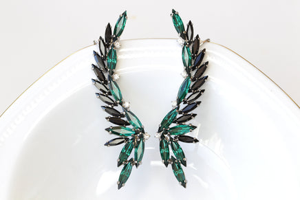EMERALD BLACK EARRINGS,Green Black Stud Earrings,Bridal Dark Green Earrings, Rebeka Crystal Large Studs,Statement Wedding Bridesmaid Gift