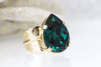 EMERALD Rebeka RING, Emerald Teardrop Ring, Dark Green Gold Plated Feather Ring, Pear Shaped Ring, Woman's Ring, Birthstone Mother's Ring