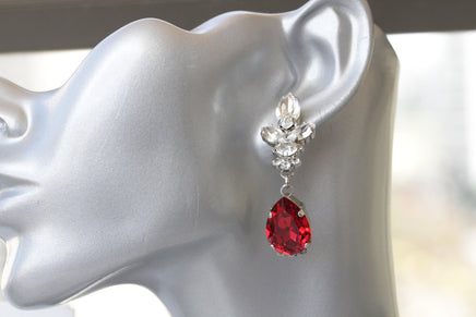 RED LONG EARRINGS, Bridal Ruby Red Earring,Rebeka Crystal Jewelry, Bridesmaid Silver Unique earring Set Gift, Wedding Cluster Chandeliers