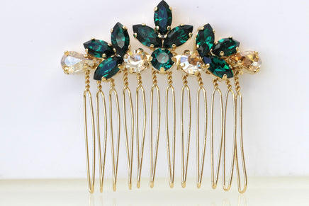 EMERALD CHAMPAGNE HAIR Comb, Bridal Hair Comb, Dark Green headpiece, Golden Shadow Rebeka, Leaf Hair Comb,Wedding Hair Jewelry,Small Comb