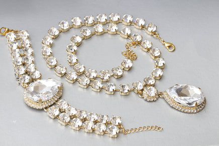 CRYSTAL STATEMENT BRACELET, Bridal Rebeka Bracelet, Gold Clear Rhinestone Bangle, Wedding Formal Bride Jewelry, Teardrop Tennis Bracelet