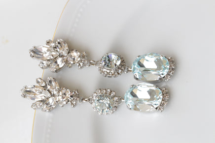 ICE BLUE EARRINGS, Bridal Aquamarine Chandeliers, Bridal Silver Blue Long Impressive Earrings, Rebeka Statement Bride Light Blue Earring,