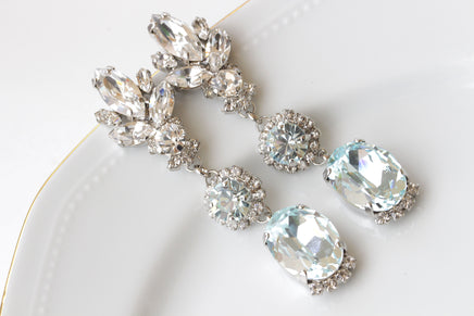 ICE BLUE EARRINGS, Bridal Aquamarine Chandeliers, Bridal Silver Blue Long Impressive Earrings, Rebeka Statement Bride Light Blue Earring,