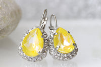 YELLOW SILVER Earrings, Bridal Earring,Buttercup Yellow Rhinestone Teardrop Dangle Earrings, Yellow Bridesmaid Earrings Gift,Rebeka Lemon