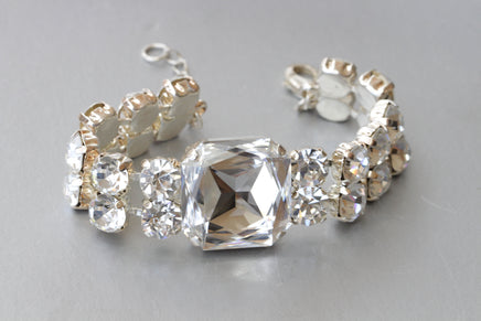 CRYSTAL BRIDAL BRACELET, Women's Rebeka Bracelet, Silver Clear Rhinestone Bangle, Wedding Cocktail Bride Jewelry, Bling Tennis Bracelet