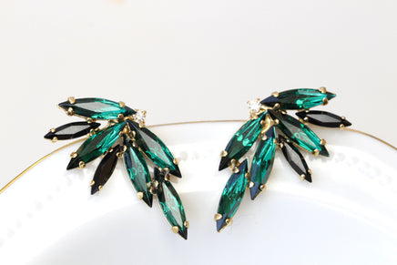 EMERALD BLACK EARRINGS,Green Black Stud Earrings,Bridal Dark Green Earrings, Rebeka Crystal Large Studs,Statement Wedding Bridesmaid Gift