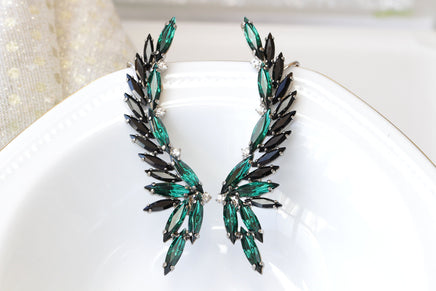 EMERALD BLACK EARRINGS,Green Black Stud Earrings,Bridal Dark Green Earrings, Rebeka Crystal Large Studs,Statement Wedding Bridesmaid Gift