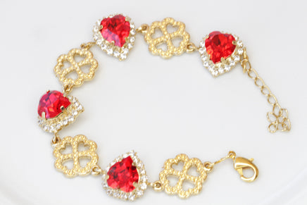 RED HEART BRACELET, Red Ruby Bridal Bracelet, Rebeka Heart Bracelet, Heart Shaped Bracelet,Gift For Wife, Patrick's Day Gift,Red And Gold