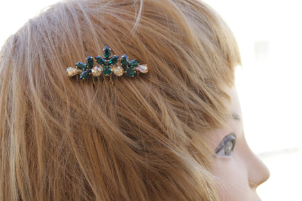 EMERALD CHAMPAGNE HAIR Comb, Bridal Hair Comb, Dark Green headpiece, Golden Shadow Rebeka, Leaf Hair Comb,Wedding Hair Jewelry,Small Comb