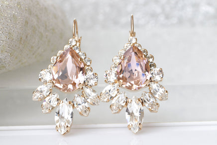 MORGANITE DROP EARRINGS, Blush Crystal Earrings, Bridal Pink Earring,Cluster Big Earrings, Bridal Rebeka Earrings,Vintage Wedding Droplet