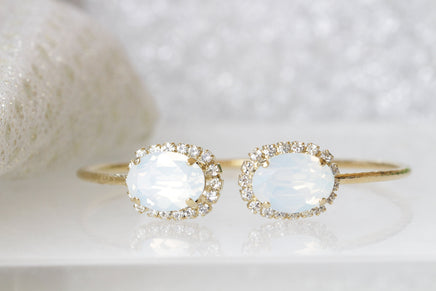 OPAL BRACELET, White Crystal Oval Bracelet, Bridal Open Bracelet, Wedding Rebeka Bracelet, Bridesmaid Jewelry Gift, Cuff Open Bracelet