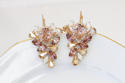 Bridal  MORGANITE Earrings, Earrings for Brides, Rose Gold Champagne Blush Pink Wedding Jewelry, Rebeka Drop Earrings, Leaves Earrings