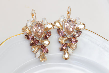 Bridal  MORGANITE Earrings, Earrings for Brides, Rose Gold Champagne Blush Pink Wedding Jewelry, Rebeka Drop Earrings, Leaves Earrings