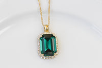 GREEN EMERALD NECKLACE, Rebeka Necklace, St Patrick's Day, Emerald Bridal Jewelry Set, Necklace Earrings Set, Wedding,Dark Green Pendant