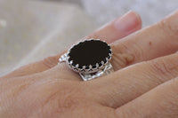 ONYX Silver Ring, Boho Silver Ring, Genuine Onyx Ring, Chunky Ring For Women, Filigree Adjustable Ring,, Flat Oval Rings,Black Stone Ring