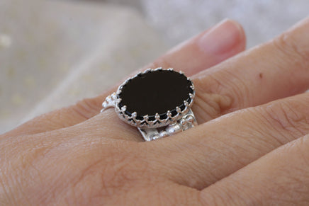 ONYX Silver Ring, Boho Silver Ring, Genuine Onyx Ring, Chunky Ring For Women, Filigree Adjustable Ring,, Flat Oval Rings,Black Stone Ring