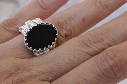 ONYX Silver Ring, Boho Silver Ring, Genuine Onyx Ring, Chunky Ring For Women, Filigree Adjustable Ring,, Flat Oval Rings,Black Stone Ring