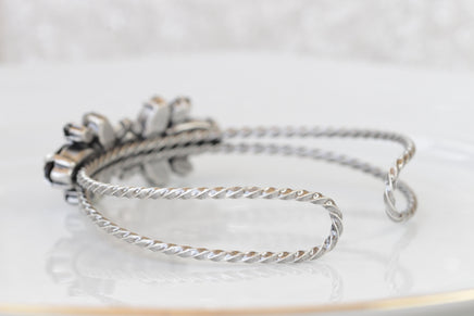 GRAY BLACK BRACELET, Rebeka Wedding Silver Bracelet, Open Bracelet, Bridal Silver Night Adjustable Cuff ,Woman Evening Jewelry