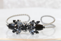 GRAY BLACK BRACELET, Rebeka Wedding Silver Bracelet, Open Bracelet, Bridal Silver Night Adjustable Cuff ,Woman Evening Jewelry
